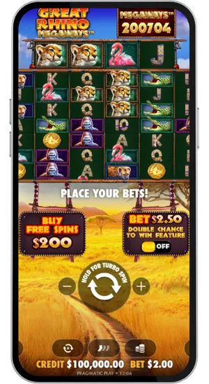 Great Rhino Megaways betting panel showing Buy Free Spins for 200 dollars, bet size selector, and hold for turbo spin button