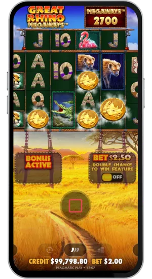 Great Rhino Megaways bonus feature activated with multiple golden rhino coin symbols landing across the reels