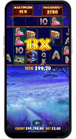 Great Rhino Megaways free spins round active with a 13x multiplier displayed on the reels and a win of 99.20 dollars