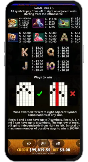 Great Rhino Megaways full paytable showing all symbol payouts, ways to win explanation, and reel configuration rules