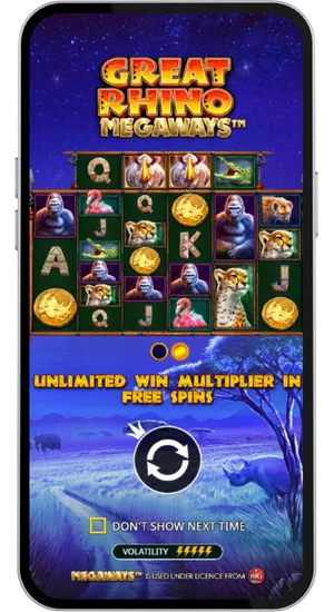 Great Rhino Megaways intro screen displaying the unlimited win multiplier feature message before the game loads