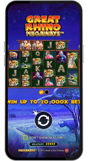 Using the casino search bar to find Great Rhino Megaways and selecting the demo or play for fun option