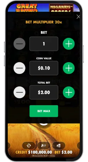 Using bet controls to adjust the wager between £0.20 and £125 in Great Rhino Megaways demo mode