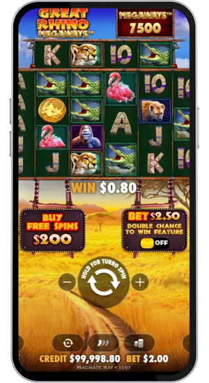 Great Rhino Megaways base game spin showing a small win of 0.80 dollars with betting controls and credit balance visible